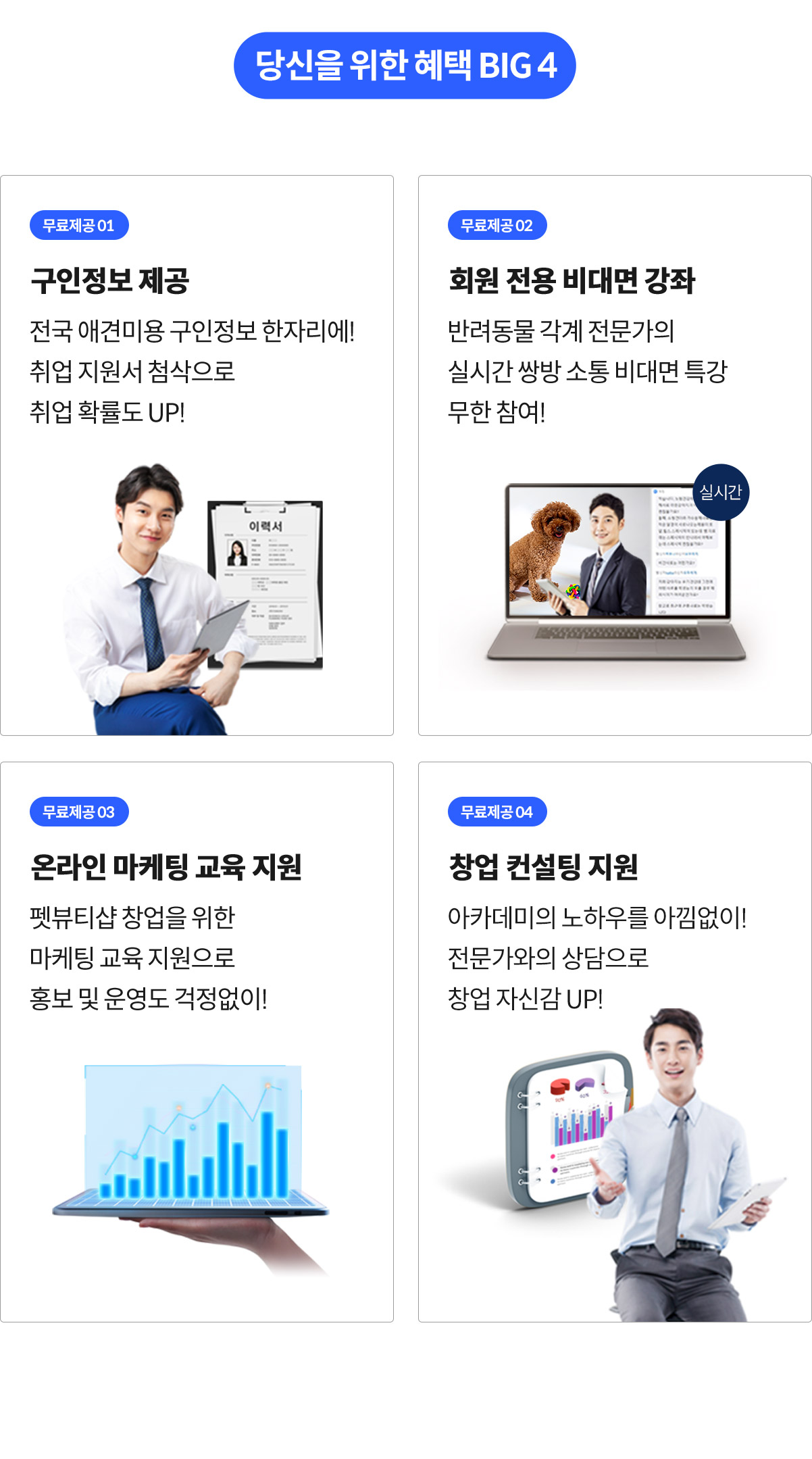 구인정보, 취업 지원서 첨삭, 실시간 비대면특강, 온라인 마케팅, 창업 컨설팅